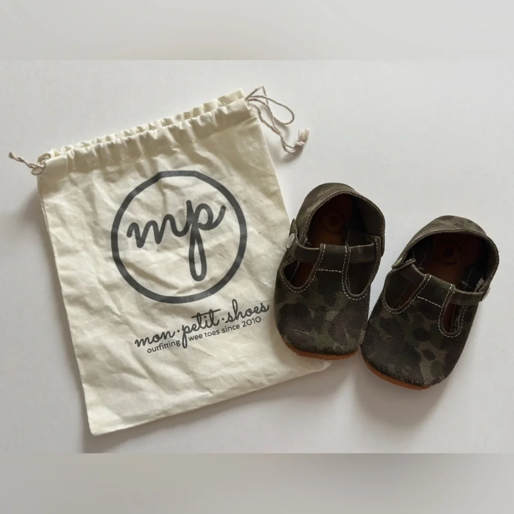 Mon Petit CAMO Camouflage Size 6 T-Strap‎ MPs Leather Baby Handmade Shoes